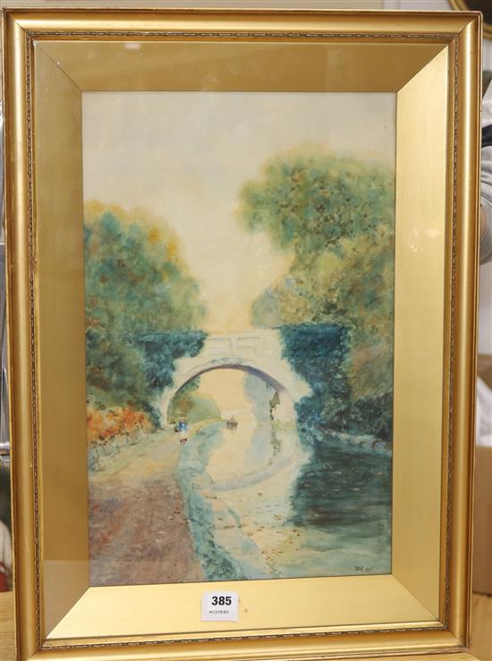 BMG, watercolour, river landscape, initialled and dated 1915, 53 x 34cm